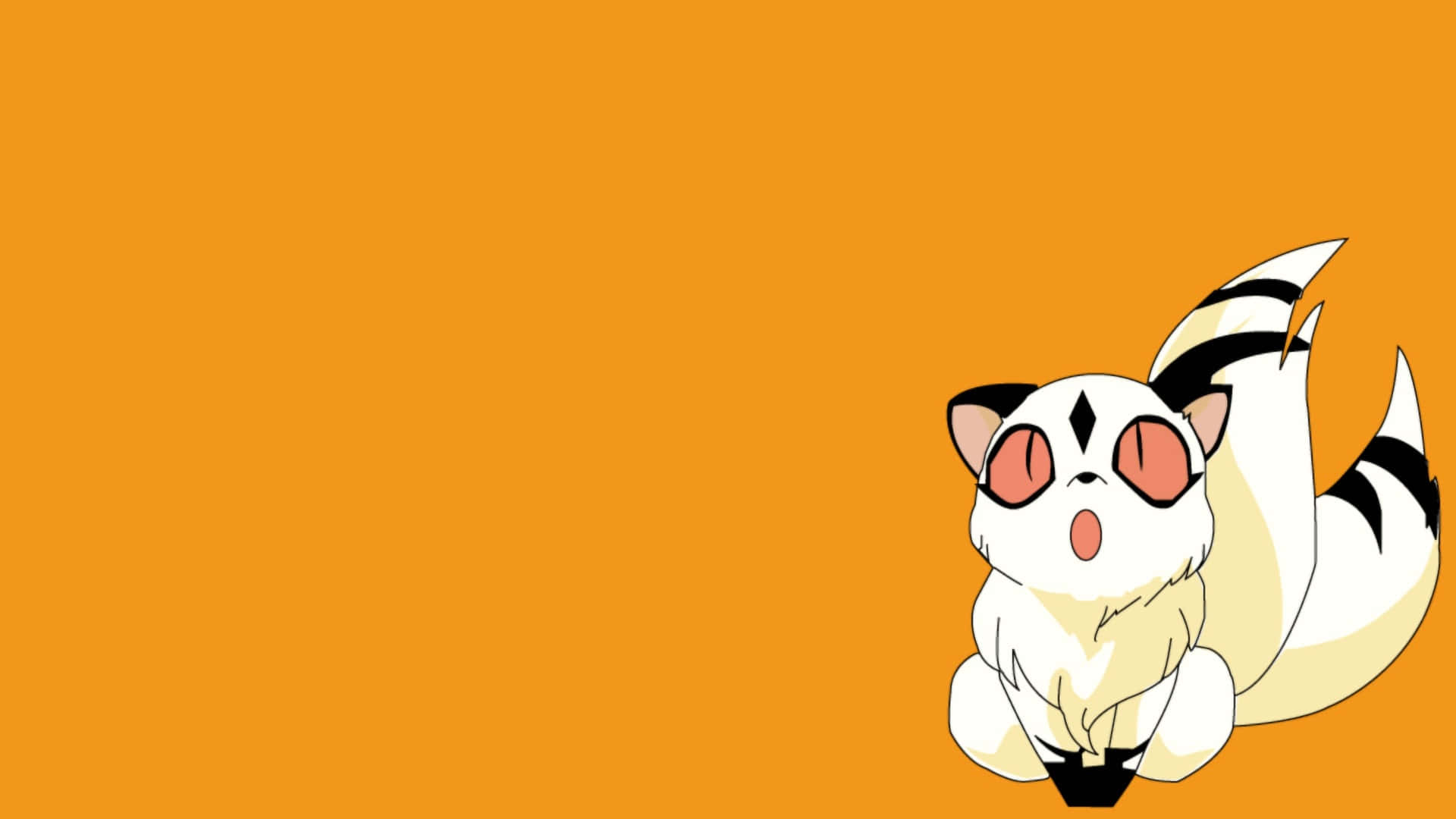 Kirara 桌布 壁紙 — 一隻驚訝的動漫貓，擁有橙色眼睛和黑色條紋，坐在橙色背景上。