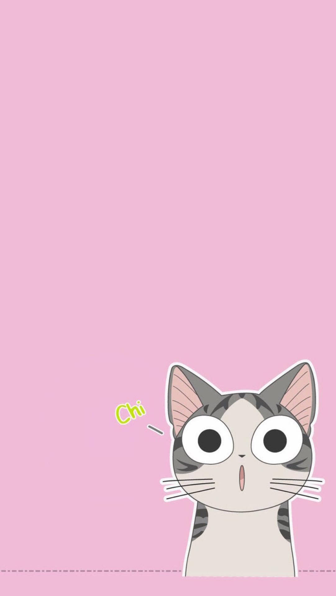 Kawaii iPhone 桌布 壁紙 — 一隻驚訝的卡通貓咪，大眼睛從純粉紅色背景底部探出，帶有「Chi」對話氣泡。
