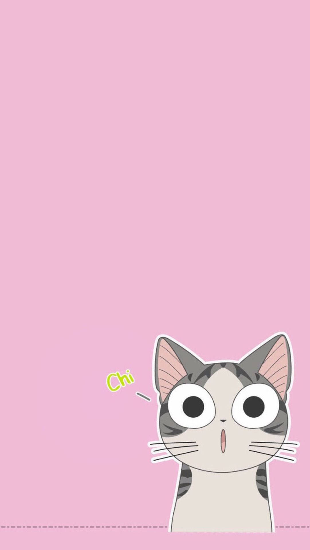 Cute Cat 桌布 壁紙 — 一隻驚訝的卡通貓咪睜大眼睛，從純粉紅色背景底部探出頭來，並帶有「Chi」對話氣泡。
