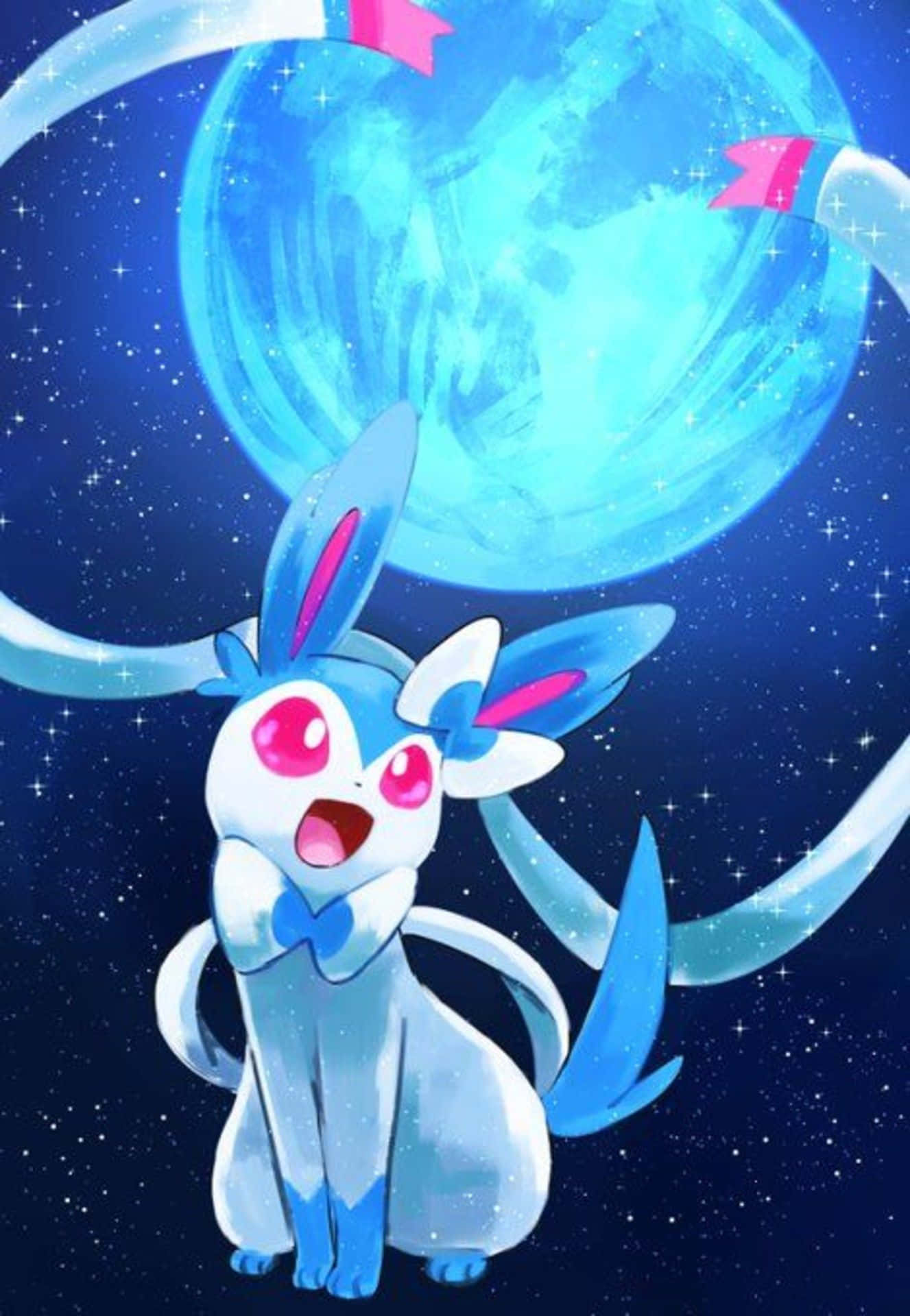 Cute Sylveon 桌布 壁紙 — 一隻驚訝的藍白動畫寶可夢，粉紅色的眼睛，坐在星空夜空中發光的藍色月亮前。