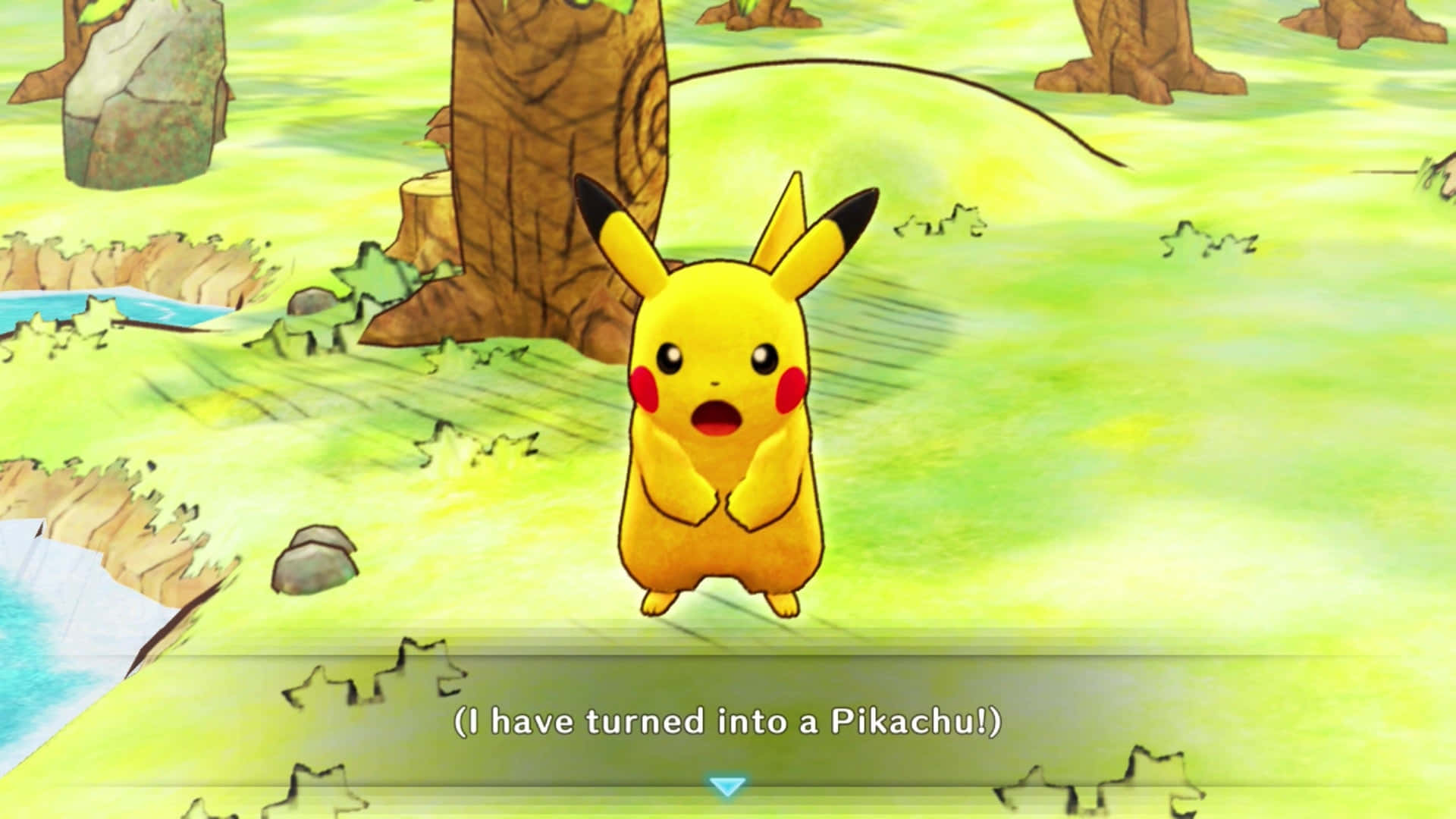Pokemon Mystery Dungeon 桌布 壁紙 — 一隻驚訝的黃色皮卡丘站在明亮的綠色森林空地中，附近有樹木和河流。