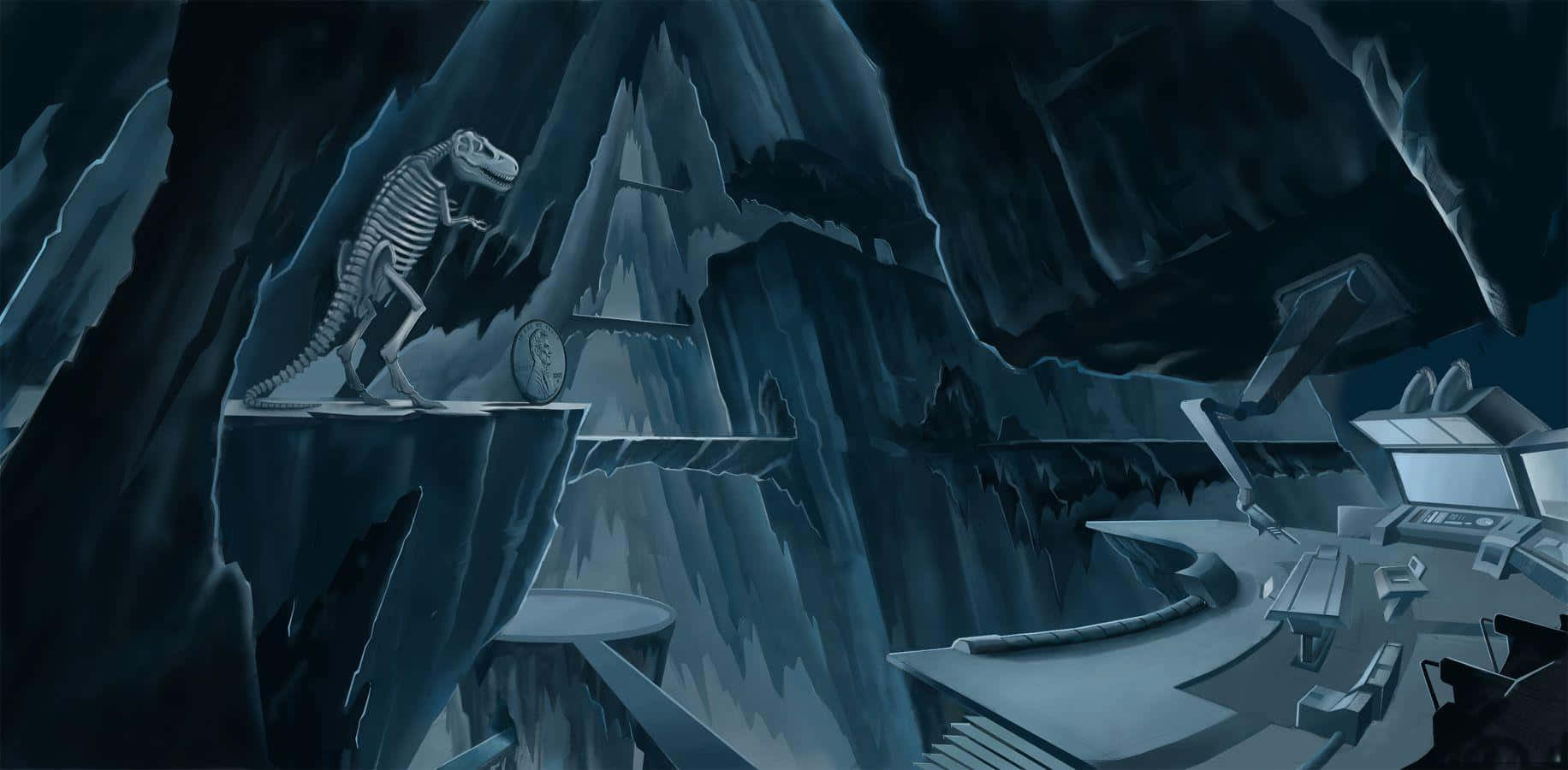 Batcave 桌布 壁紙 — 一隻骨架恐龍站在一個黑暗洞穴般的空間中的浮動平台上，周圍有鋸齒狀的金屬結構。