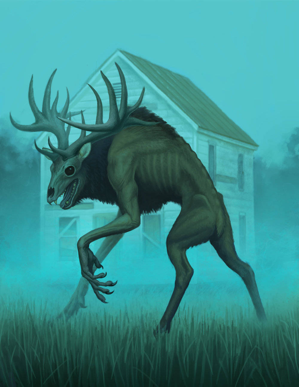 Wendigo 桌布 壁紙 — 一隻骨骼狀的鹿形怪物，長著巨大的鹿角，在詭異的青綠色燈光下，穿過霧氣瀰漫的草地，撲向一間鬼屋前。