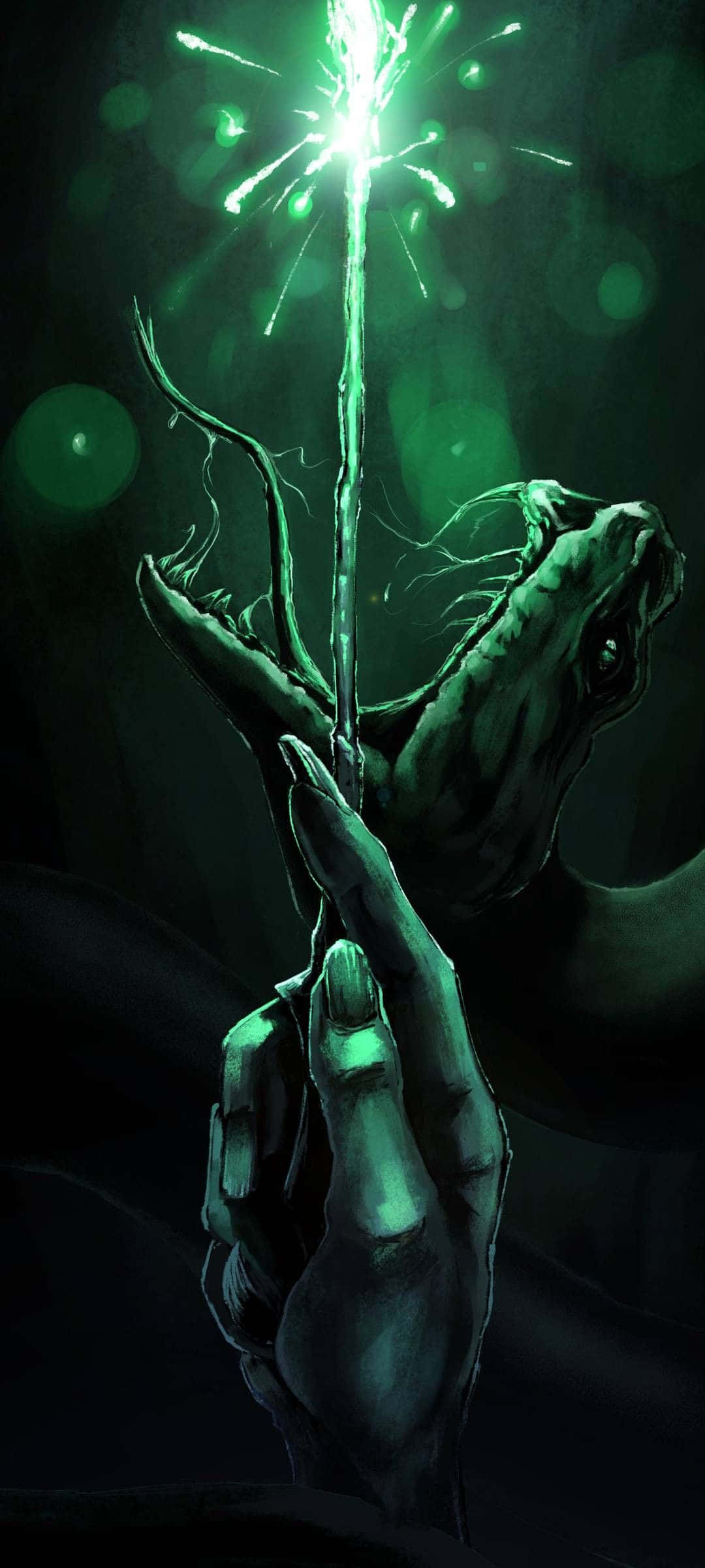 Harry Potter Nagini 桌布 壁紙 — 一隻骷髏手在黑暗背景中，手持發光的綠色煙火棒，周圍有詭異的綠色散景燈光。