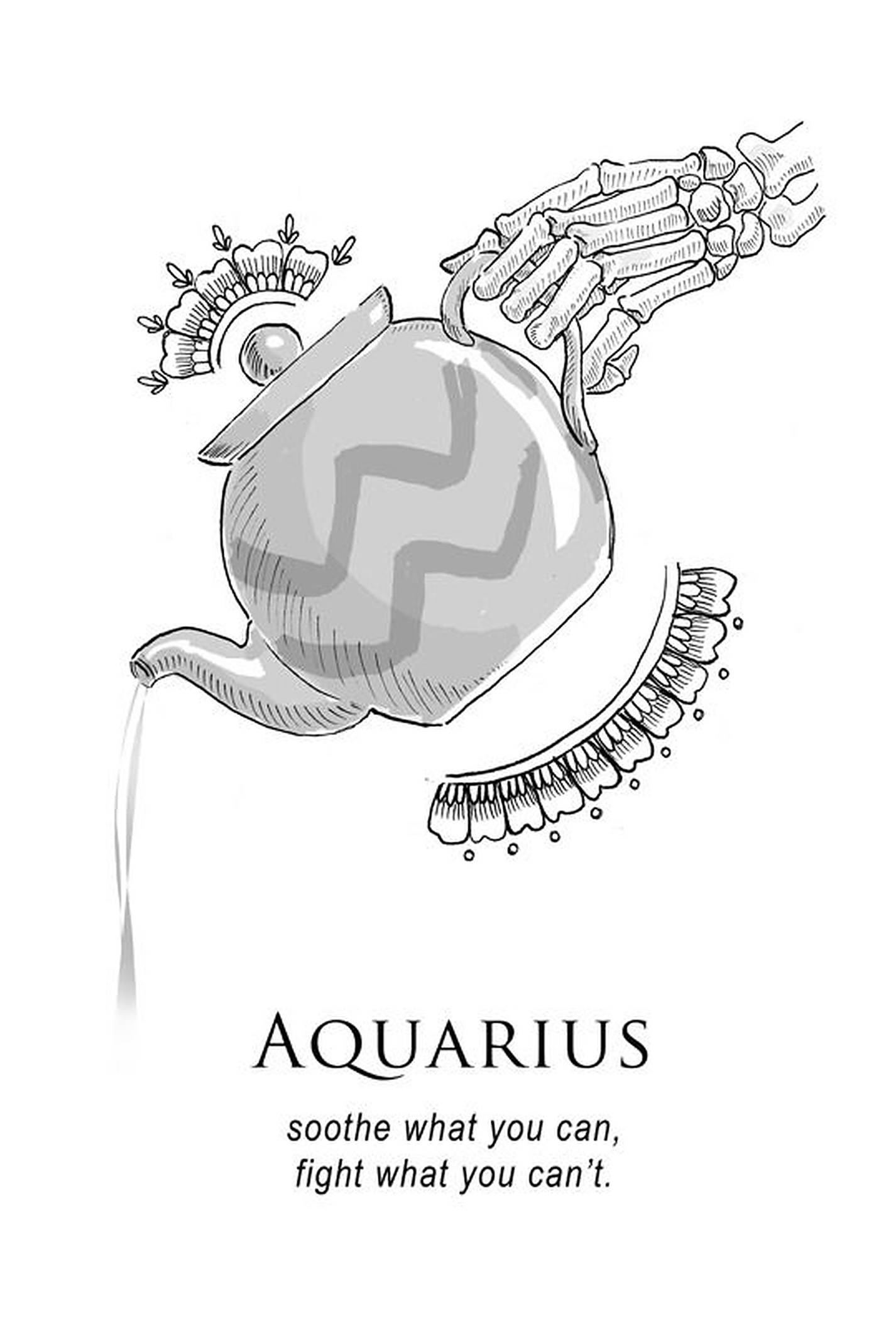 aquarius 桌布 壁紙 — 一隻骷髏手從帶有花卉圖案的茶壺倒茶，下方有流動的水流。