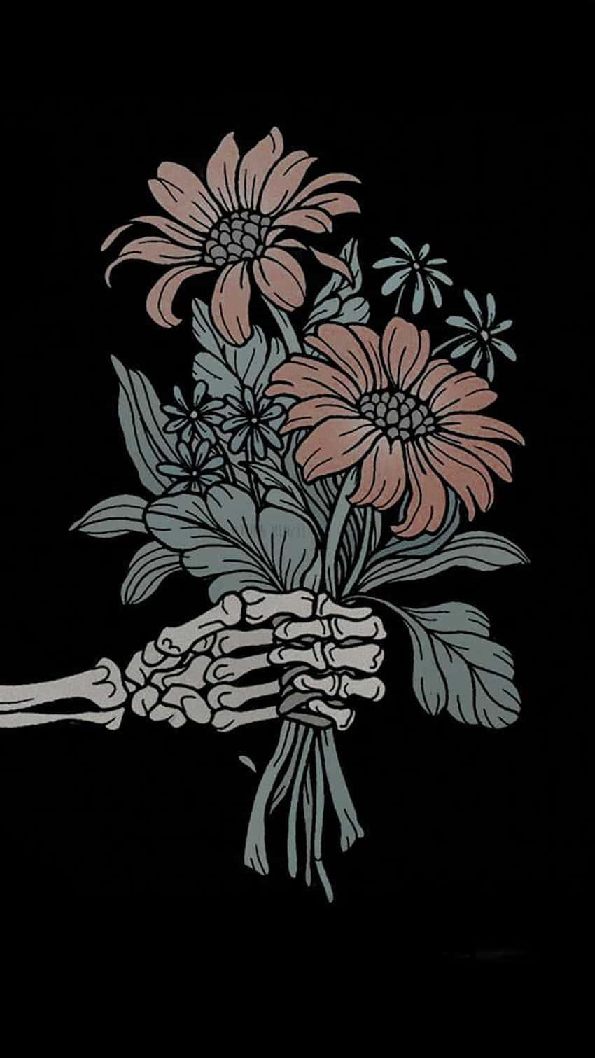 Goth Aesthetic Black 桌布 壁紙 — 一隻骷髏手拿著一束粉紅色和藍色的花，背景是純黑色。