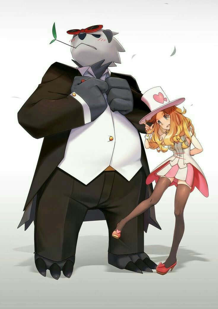 Tuxedo 桌布 壁紙 — 一隻高大的擬人化狐狸，身穿燕尾服，戴著太陽眼鏡，嘴裡叼著一片葉子，站在一個戴著粉紅色帽子和裙子的金髮小女孩旁邊。