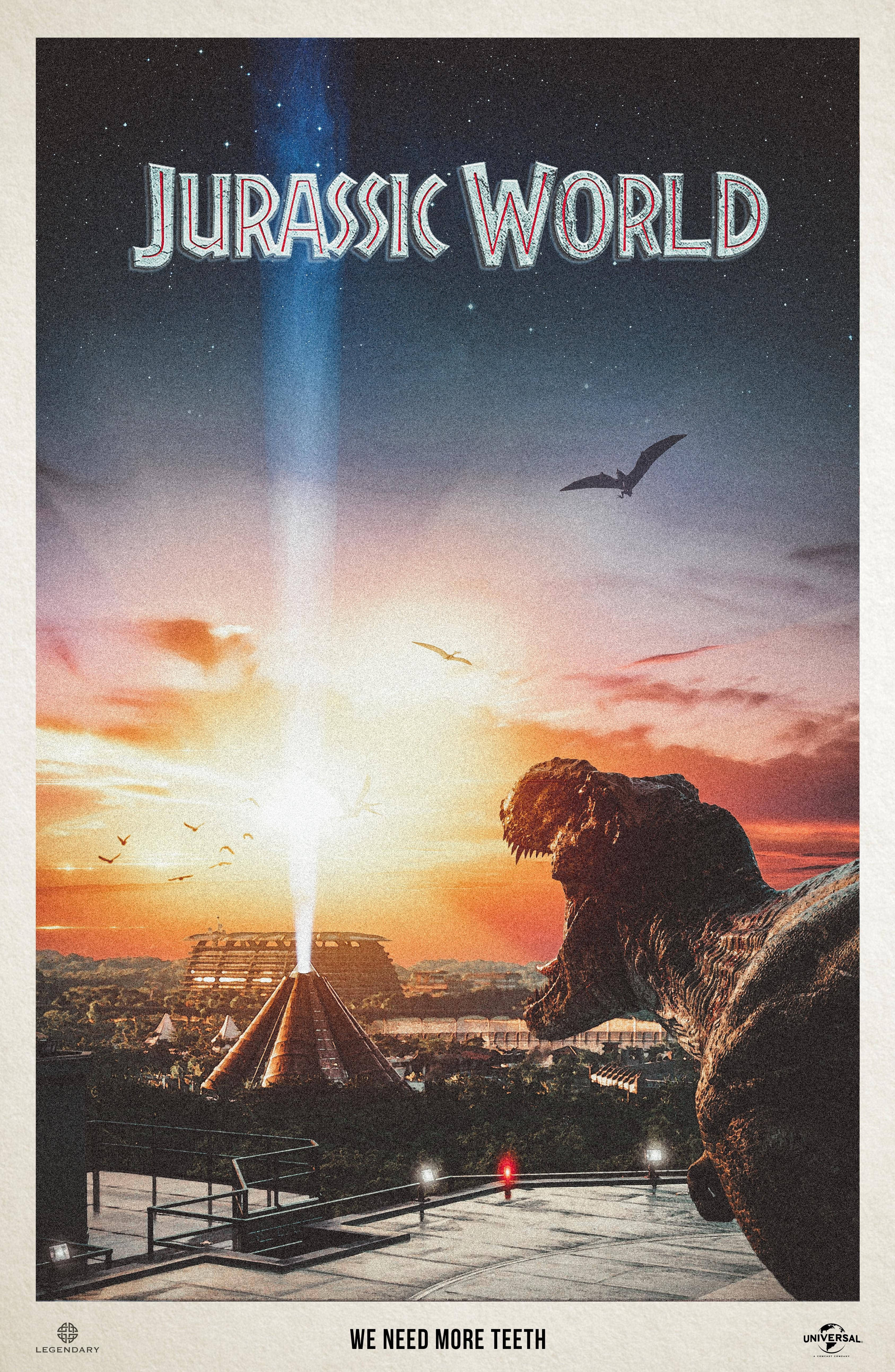 World 桌布 壁紙 — 一隻高大的暴龍站在屋頂上，俯瞰城市景觀，同時火山在暮色天空下噴發出一道明亮的光束。