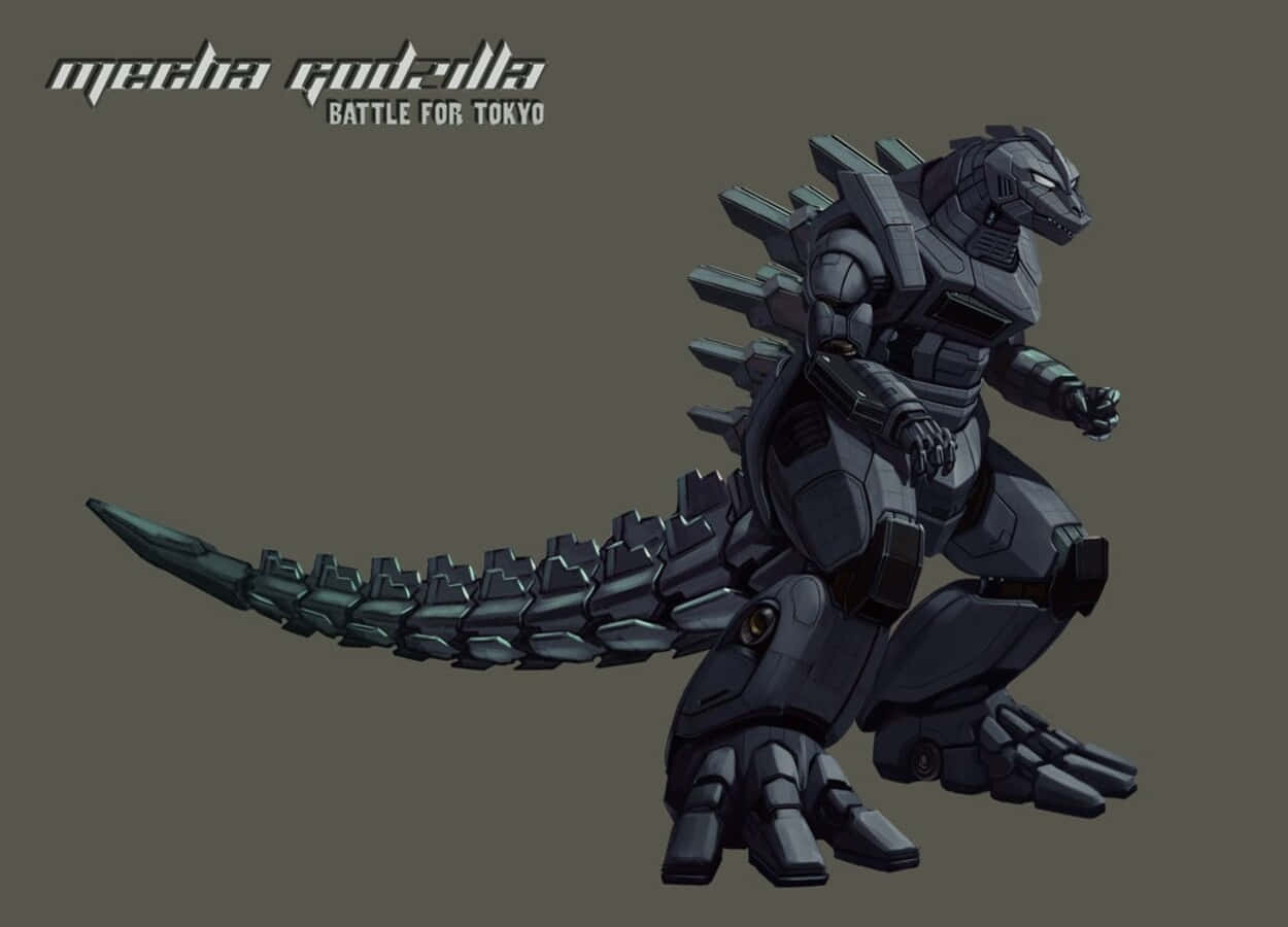 mechagodzilla 桌布 壁紙 — 一隻高大的機械哥吉拉以戰鬥姿勢站在純灰色背景前，配備金屬裝甲和發光的眼睛。
