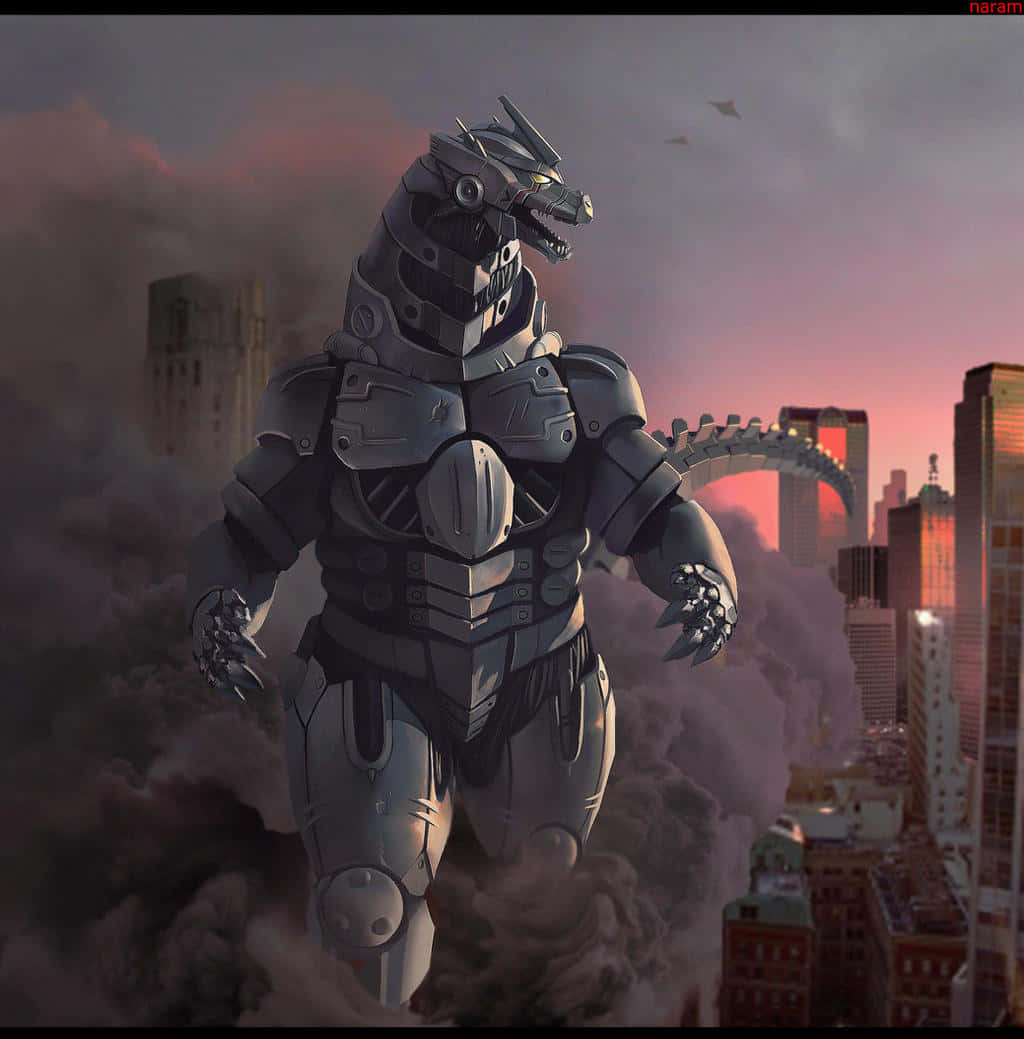 Robot Godzilla 桌布 壁紙 — 一隻高大的裝甲哥吉拉在日落時分站在煙霧和城市廢墟中，眼睛發光，尾巴帶刺。