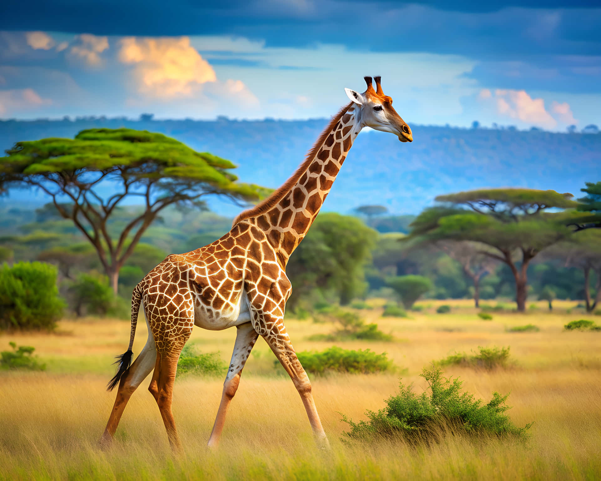 Giraffe in nature 壁紙 — 一隻高大的長頸鹿，身上有棕色和奶油色的斑點，在戲劇性的藍天白雲下穿過金色的草地。