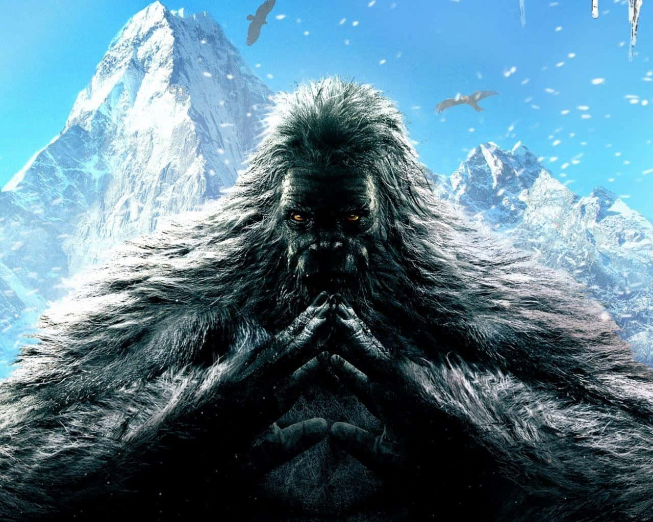 Far Cry 4 桌布 壁紙 — 一隻高聳、毛茸茸的巨猿，有著發光的橙色眼睛，莊嚴地站在白雪覆蓋的山脈前，頭頂是明亮的藍天，鳥兒飛翔。