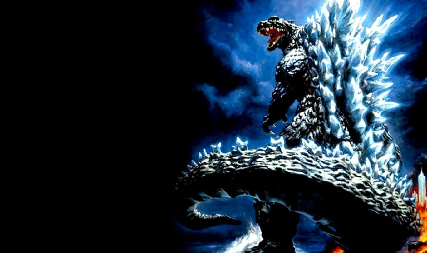 Classic Godzilla 桌布 壁紙 — 一隻高聳的冰封哥吉拉在黑暗暴風雨的天空下咆哮，藍色發光能量沿著牠的脊骨劈啪作響。