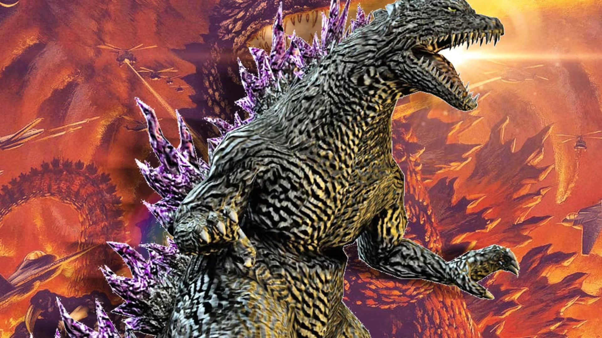 Godzilla 2000 桌布 壁紙 — 一隻高聳的哥吉拉，帶有紫色尖刺，在熾熱的橙色毀滅和飛行的直升機中咆哮。