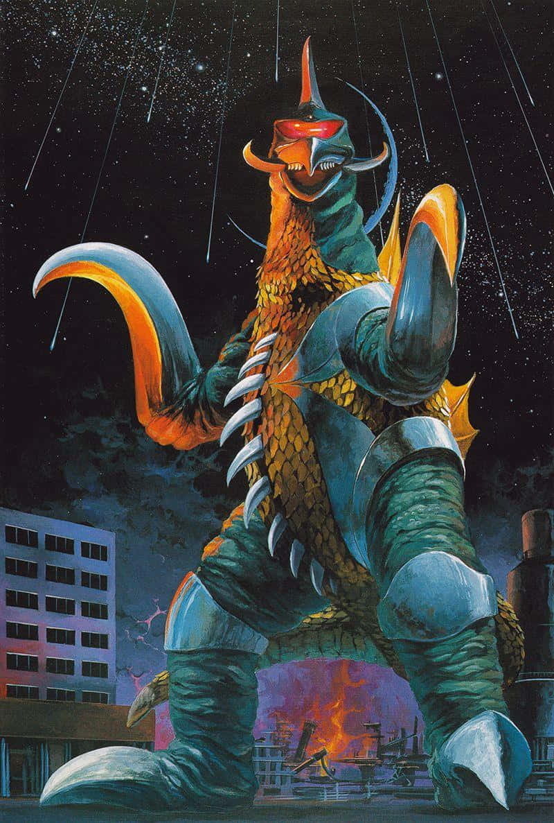 Gigan 桌布 壁紙 — 一隻高聳的怪獸，擁有發光的紅色眼睛和裝甲四肢，站在星空下燃燒的城市中。