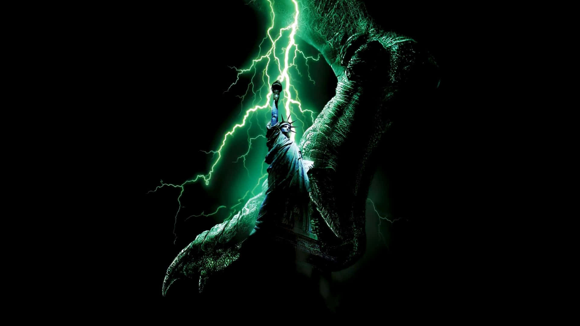 godzilla 1998 桌布 壁紙 — 一隻高聳的恐龍手抓住被閃電擊中的自由女神像，背景是黑色虛空。