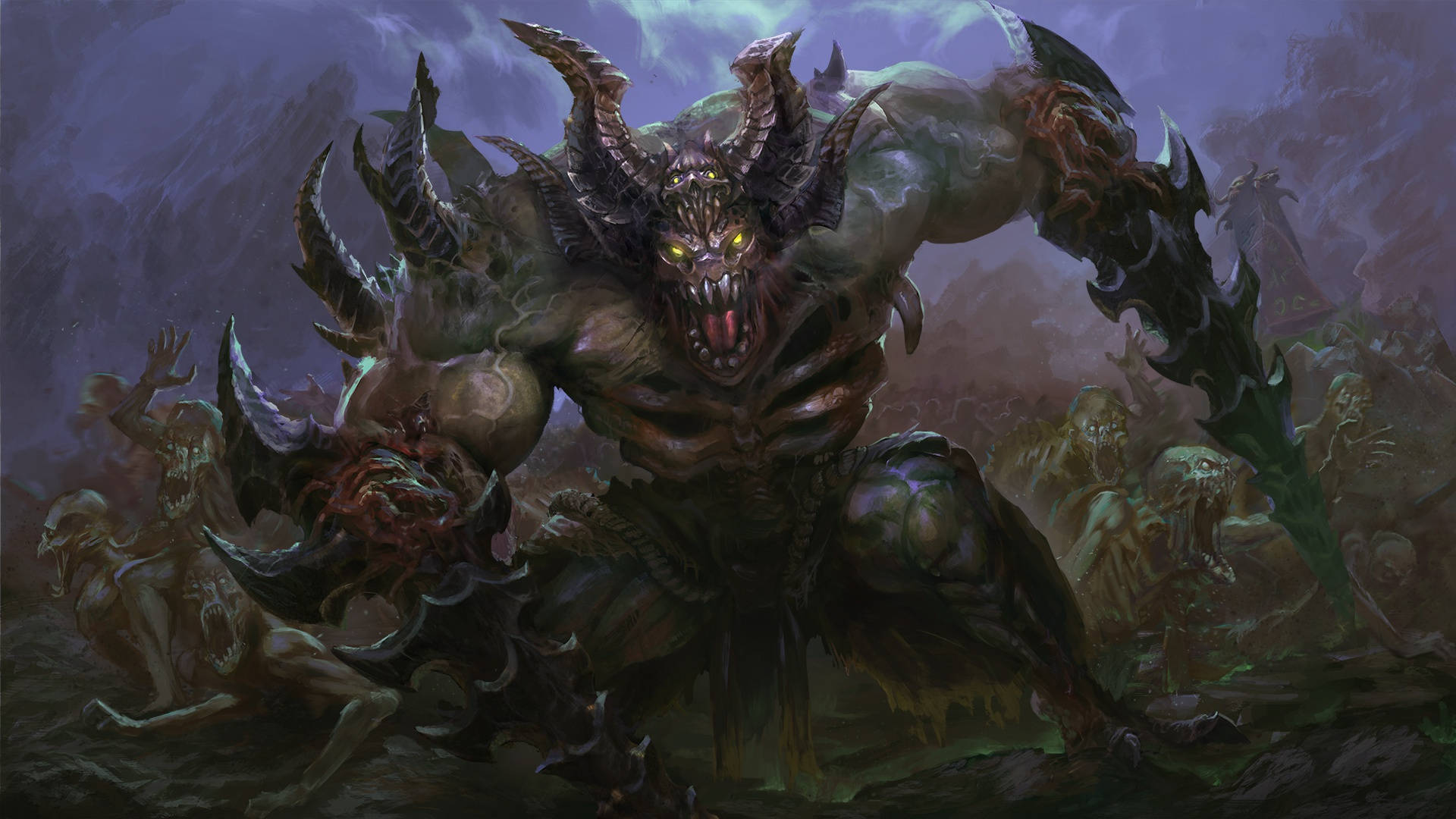 horns 桌布 壁紙 — 一隻高聳的惡魔野獸，有著發光的黃色眼睛和鋸齒狀的角，在暴風雨、黑暗的風景中，在一群陰影生物中威脅性地咆哮。