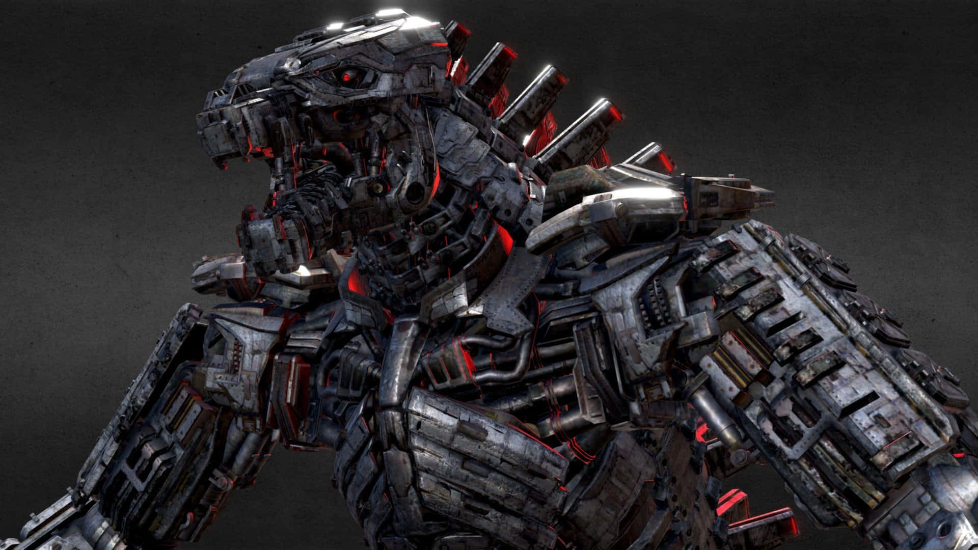 Robot Godzilla 桌布 壁紙 — 一隻高聳的機械哥吉拉，擁有發光的紅色眼睛和暴露的電路，在深灰色背景下威風凜凜地站立。