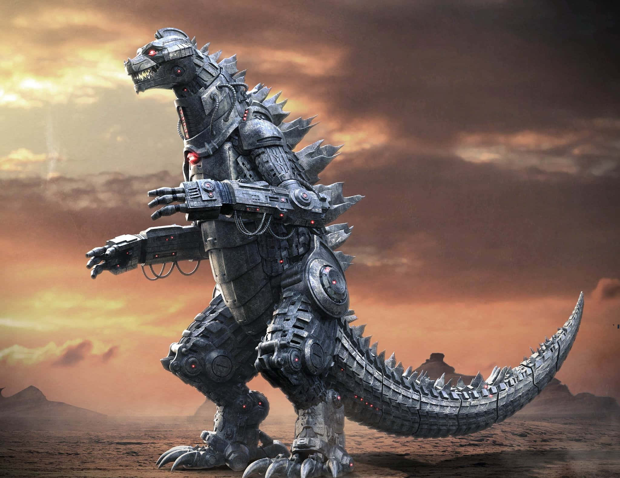 mechagodzilla 桌布 壁紙 — 一隻高聳的機械哥吉拉站在荒涼的沙漠中，背景是火紅的夕陽天空，雙眼發出紅光。