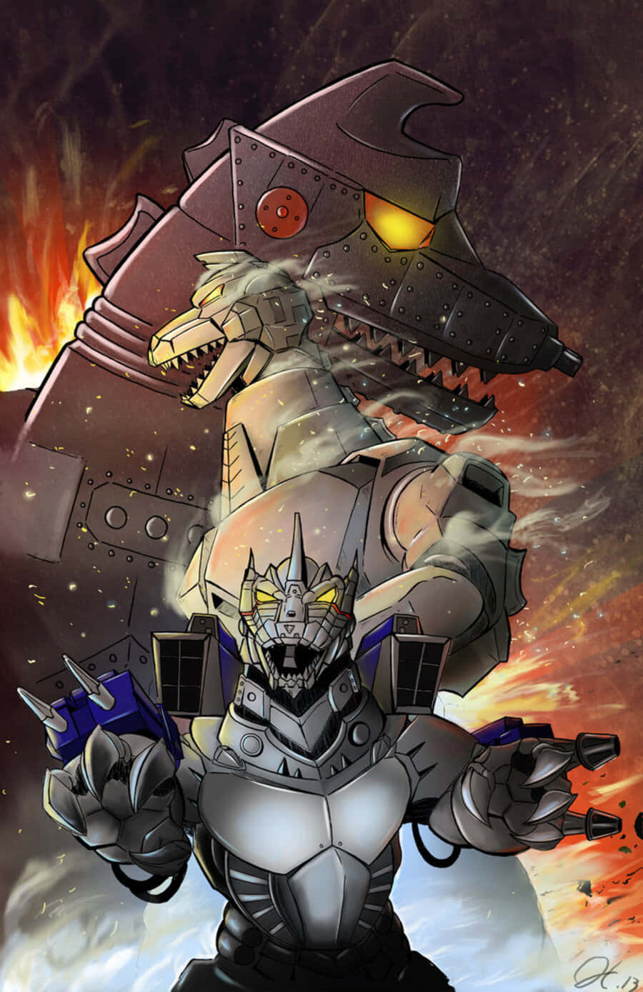 mechagodzilla 桌布 壁紙 — 一隻高聳的機械怪獸，有著發光的黃色眼睛和機械下顎，在熾熱的爆炸和煙霧中咆哮。