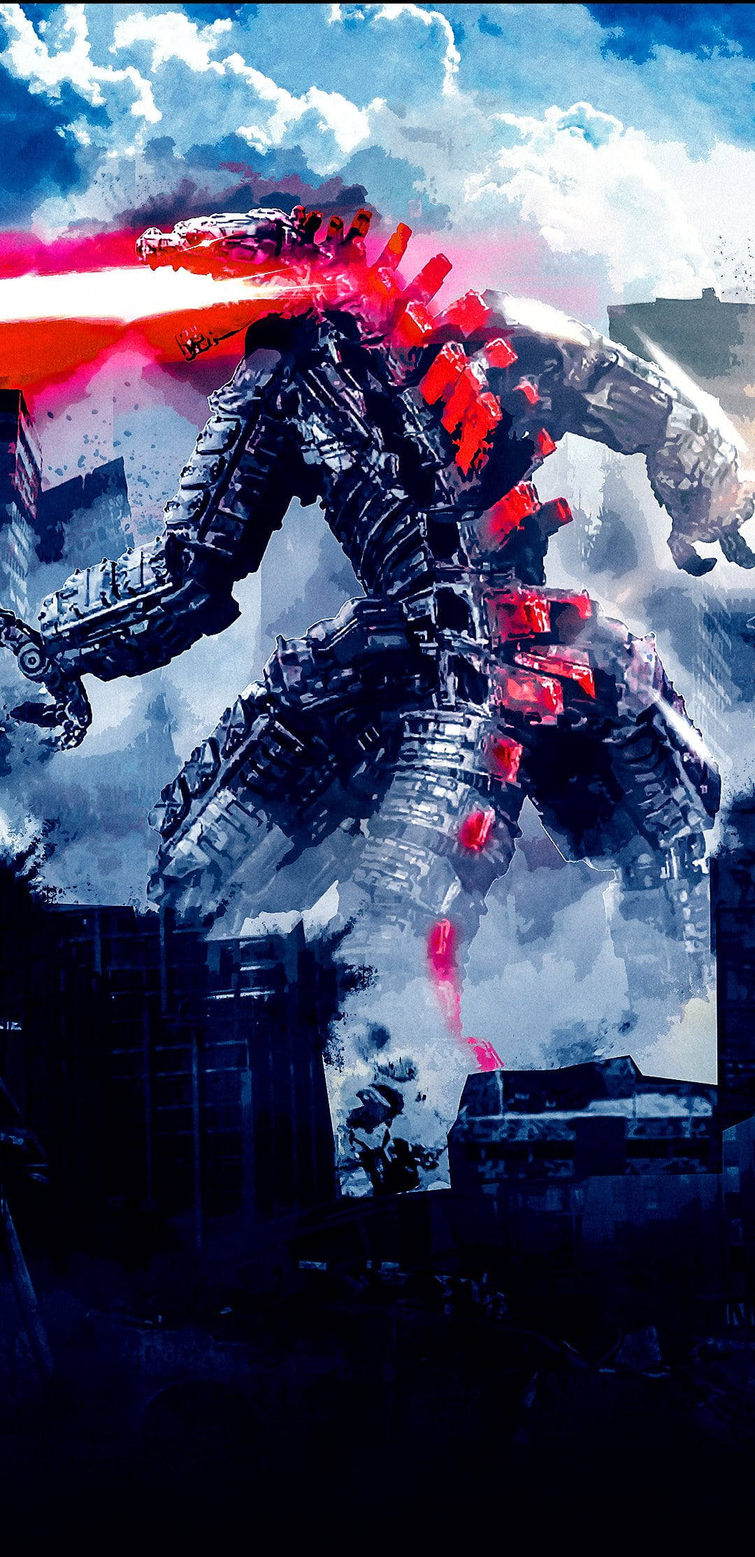 mechagodzilla 桌布 壁紙 — 一隻高聳的機械怪獸帶有發光的紅色點綴，在暴風雨的天空下向破碎的城市景觀釋放出一道火焰光束。