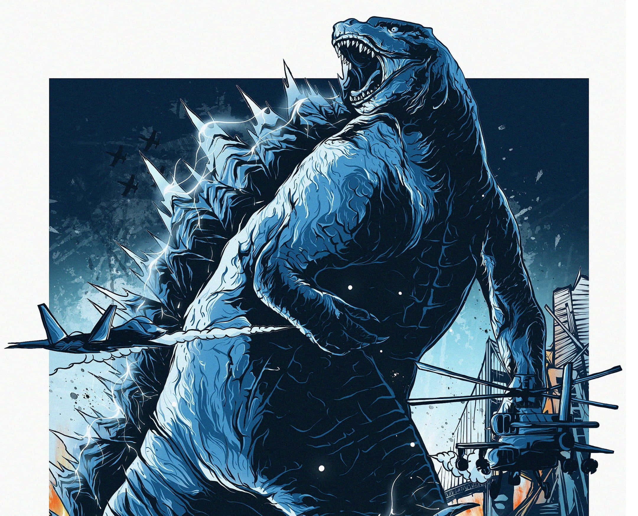 哥吉拉 桌布 壁紙 — 一隻高聳的藍色哥吉拉在破碎的城市景觀中咆哮，背景有戰鬥機和直升機。