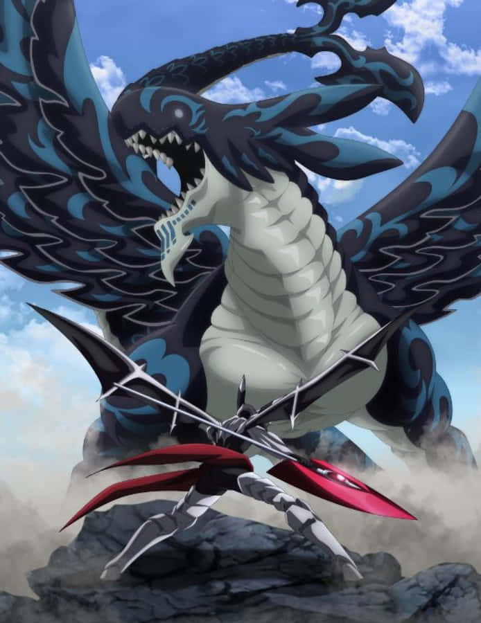 Acnologia 桌布 壁紙 — 一隻高聳的藍黑色龍，帶有尖刺翅膀，在一個身穿紅銀盔甲、堅定站在岩石地形上的戰士上方咆哮。