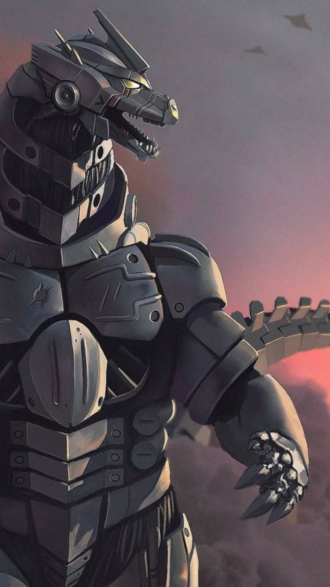 mechagodzilla 桌布 壁紙 — 一隻高聳的裝甲哥吉拉站在昏暗的粉紅色和灰色天空下，戰鬥機從頭頂飛過。