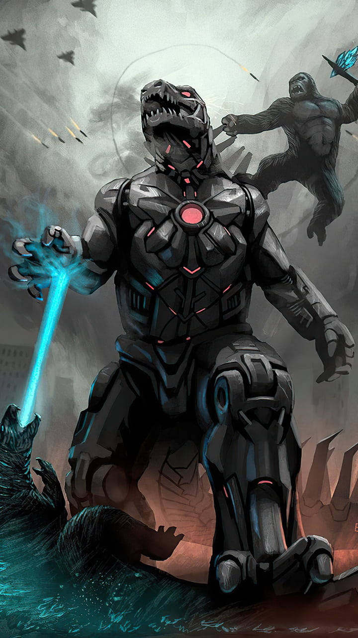 mechagodzilla 桌布 壁紙 — 一隻高聳的裝甲怪獸，擁有發光的紅色眼睛和藍色能量爆炸，站在廢墟城市中，而一隻類似大猩猩的怪物從後面衝來。