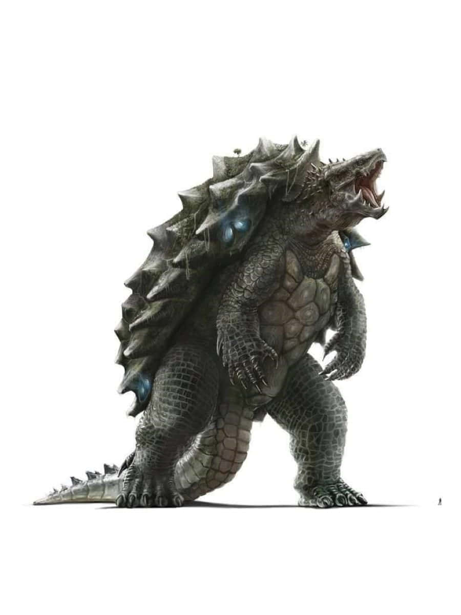 Gamera 桌布 壁紙 — 一隻高聳的裝甲怪獸，擁有發光的藍色眼睛，在純白背景下咆哮。