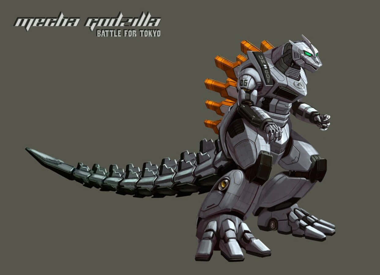 mechagodzilla 桌布 壁紙 — 一隻高聳的銀色和橙色機械哥吉拉在純灰色背景下準備戰鬥。