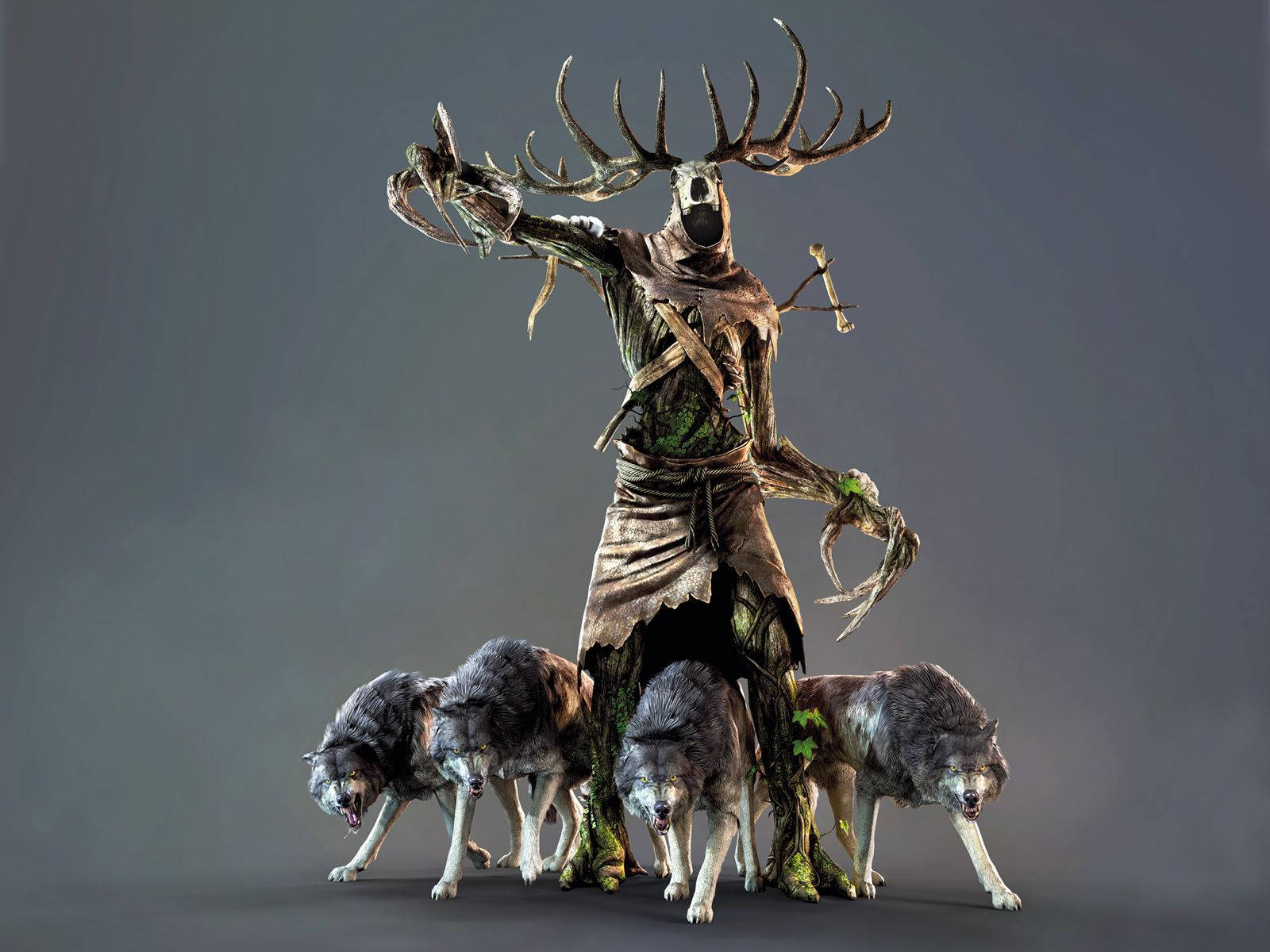 Wendigo 桌布 壁紙 — 一隻高聳的骷髏雄鹿，長著鹿角，披著苔蘚長袍，在深灰色背景上被四隻咆哮的狼包圍，氣勢洶洶地站立著。