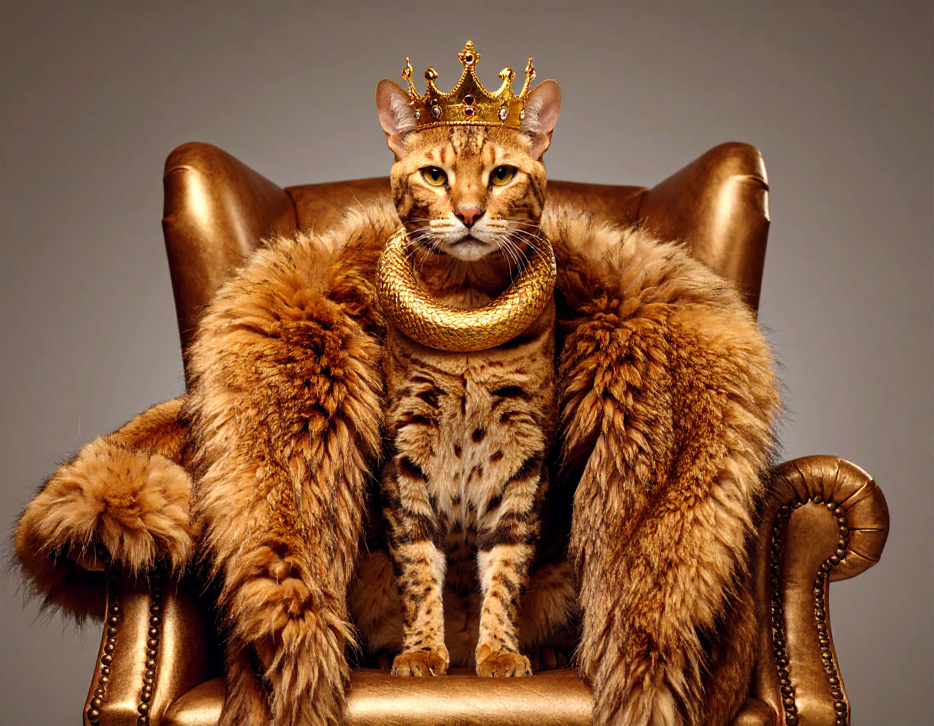 Golden Cat 壁紙 — 一隻高貴的斑點貓戴著金皇冠和毛皮披肩，威嚴地坐在金色王座椅上。