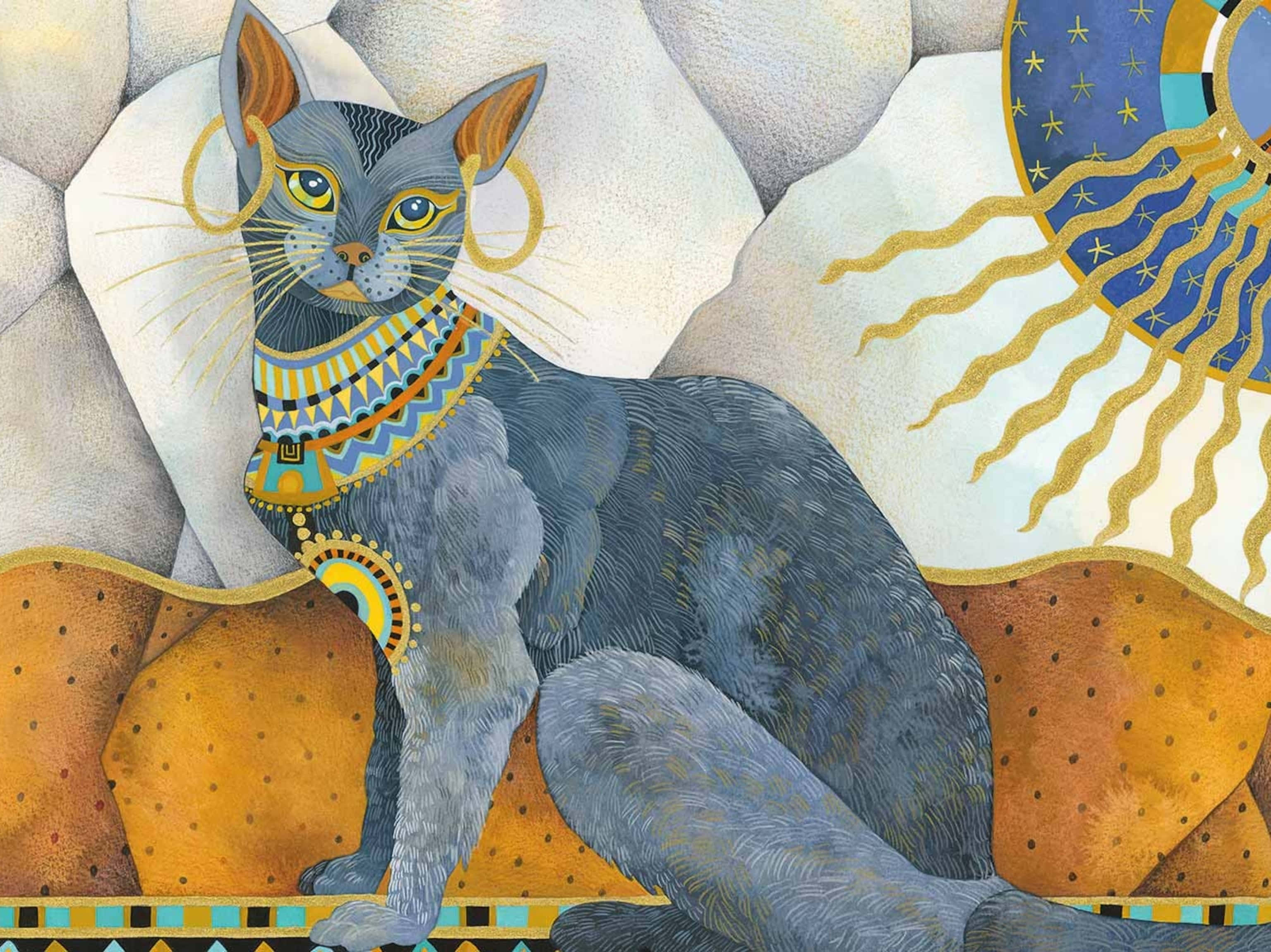 Painting 桌布 壁紙 — 一隻高貴的灰色貓咪佩戴著金色埃及珠寶，坐在風格化的太陽前，背景為有紋理的仿石質感。