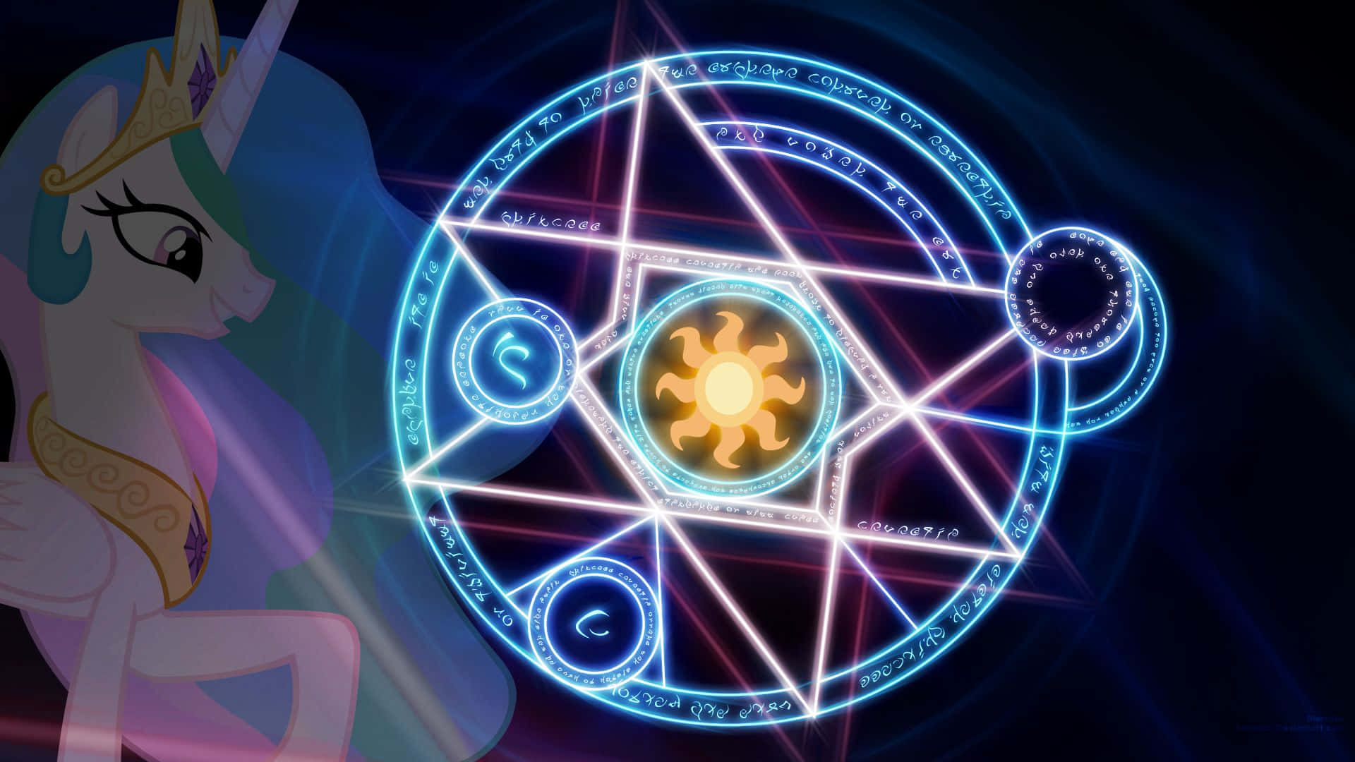 動漫 桌布 壁紙 — 一隻高貴的獨角獸凝視著一個發光的魔法五角星，上面有太陽符號和神秘符文，背景是黑暗的宇宙。