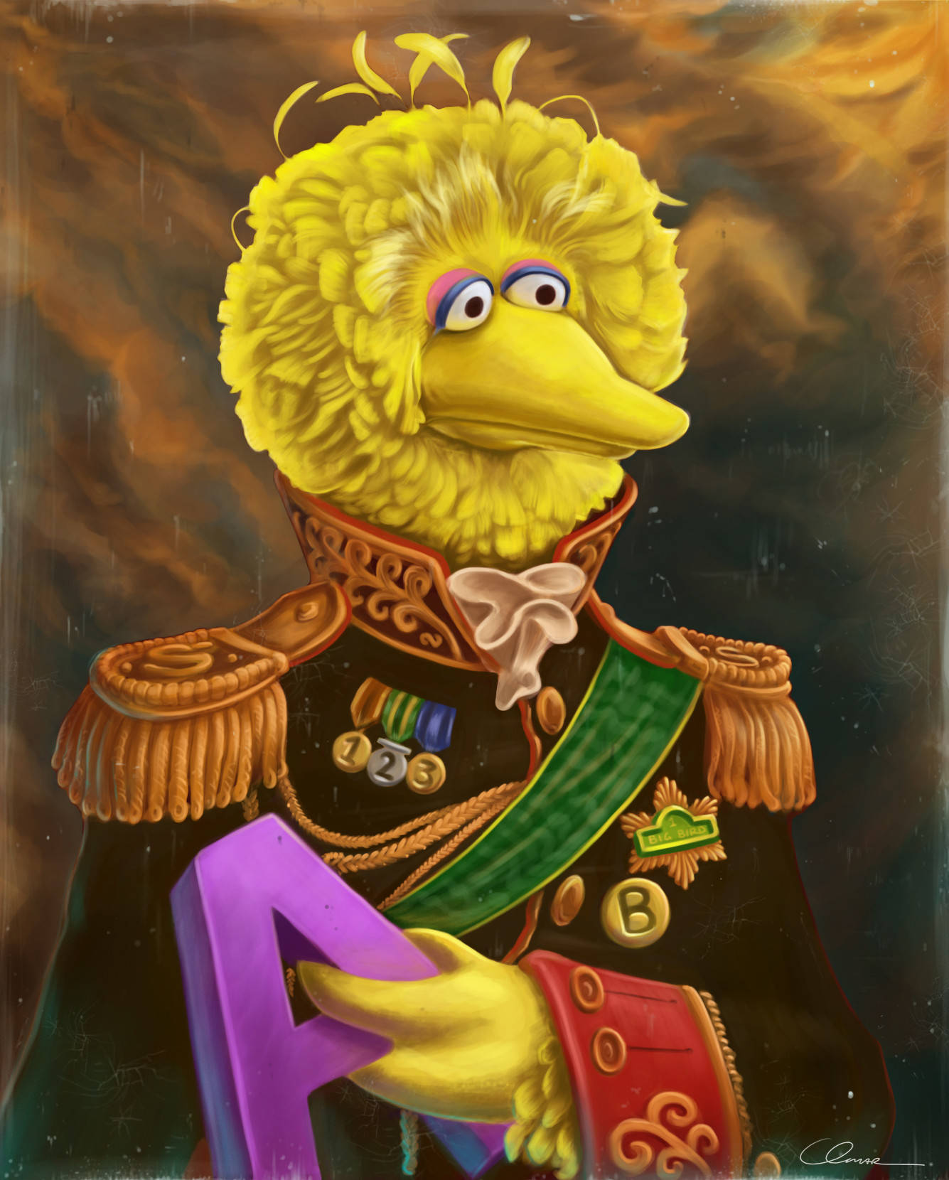 Big Bird 桌布 壁紙 — 一隻高貴的黃色鳥穿著華麗的軍服，在熾熱的雲層背景下拿著一個紫色的字母A。