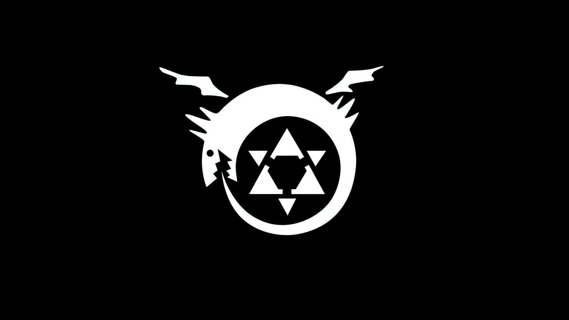Fullmetal Alchemist 桌布 壁紙 — 一隻鮮明的白色風格化龍環繞著一個幾何三角形標誌，背景為純黑色。