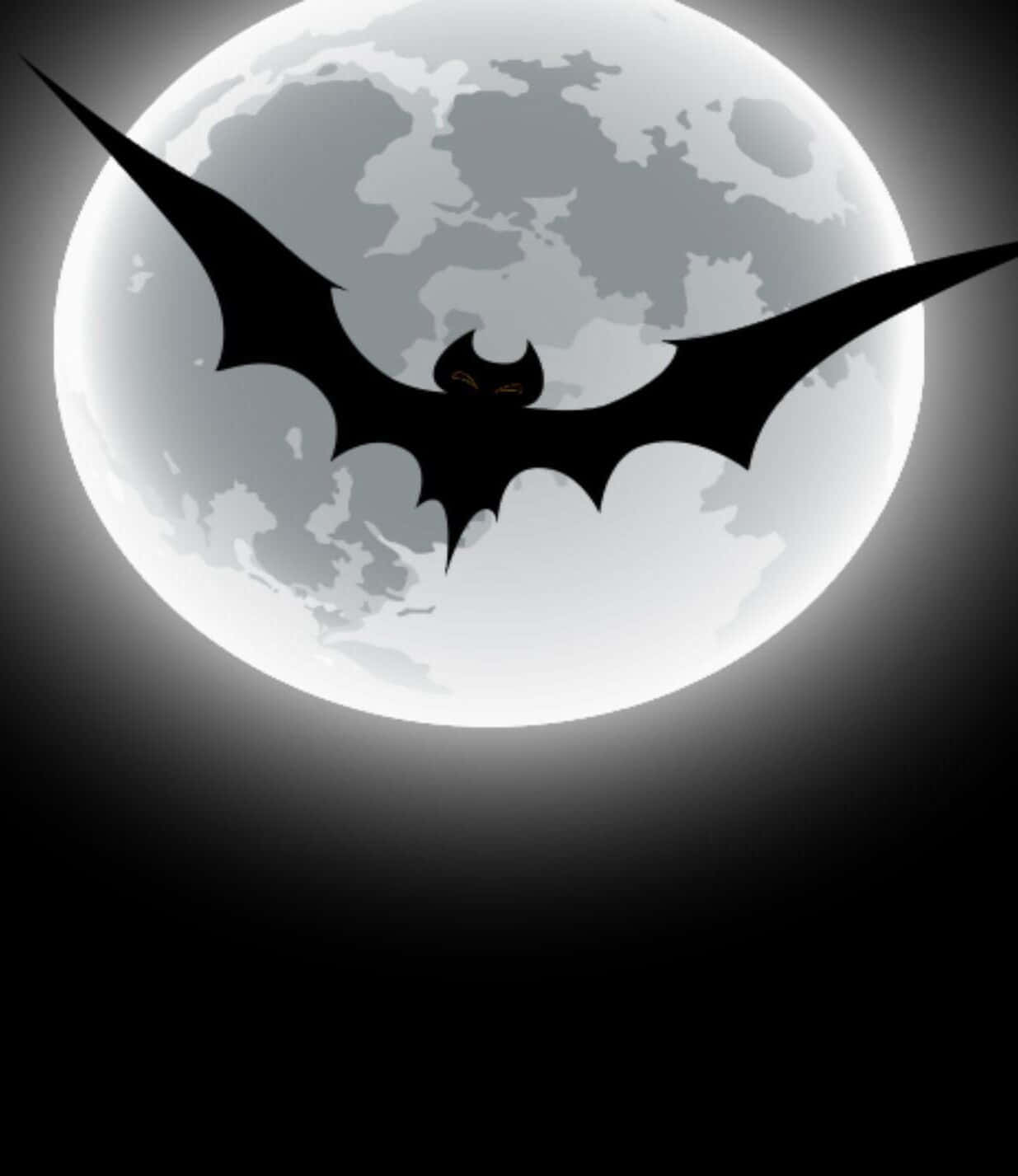 bat 桌布 壁紙 — 一隻鮮明的黑色蝙蝠剪影在明亮的滿月前翱翔，月亮上有詳細的隕石坑和柔和的光芒。