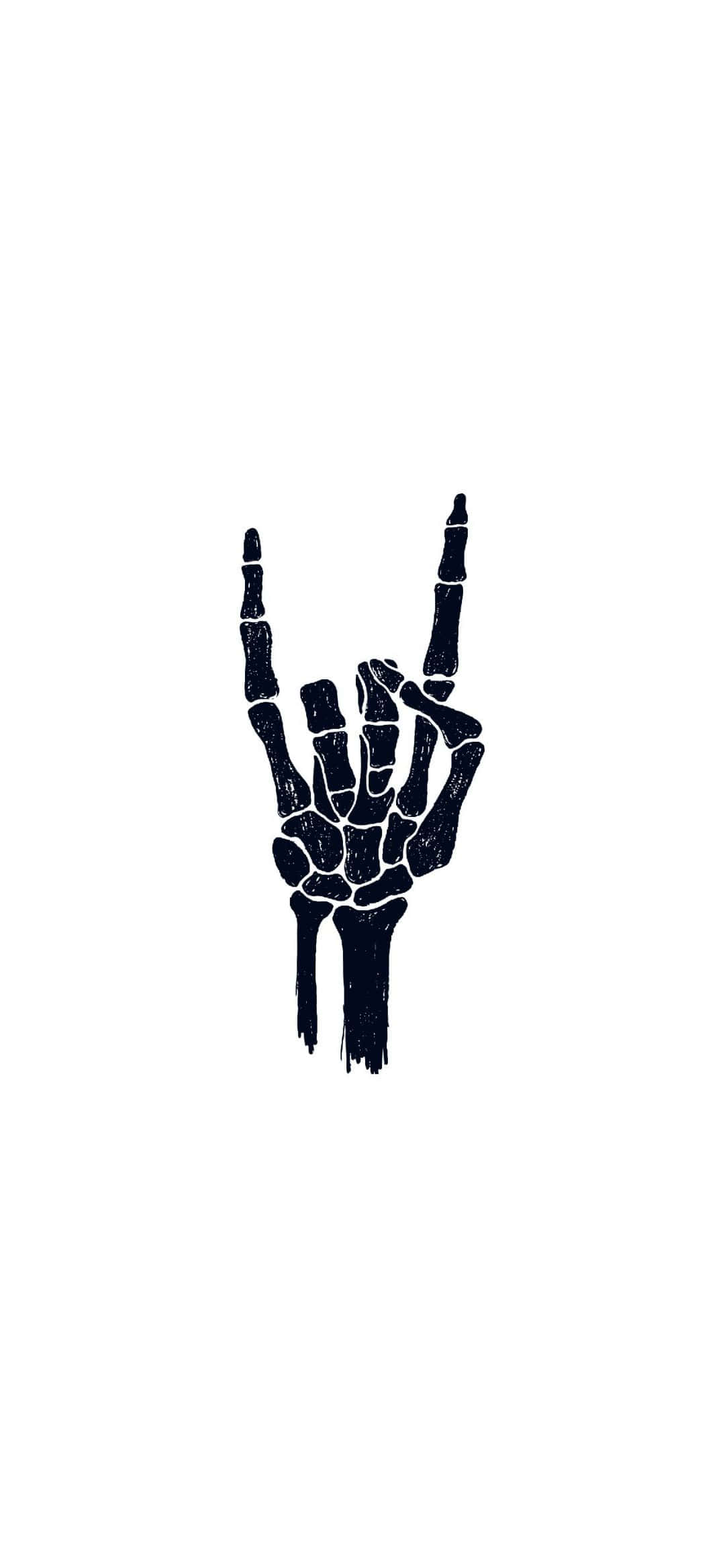 rock and roll 桌布 壁紙 — 一隻鮮明的黑色骷髏手在純白色背景上做出搖滾手勢。