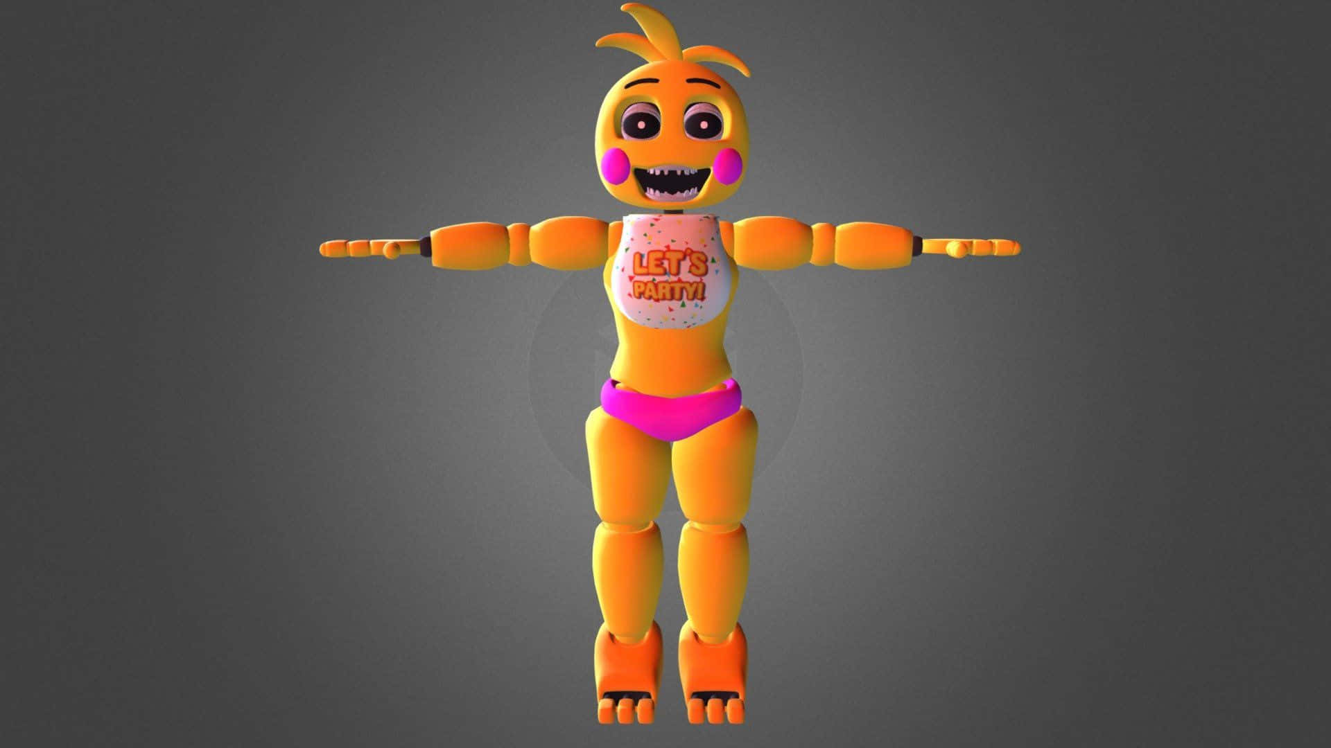 Chica The Chicken 桌布 壁紙 — 一隻鮮橙色的機械雞，帶有粉紅色點綴，穿著一件「Let's Party」襯衫，站在灰色漸變背景前。