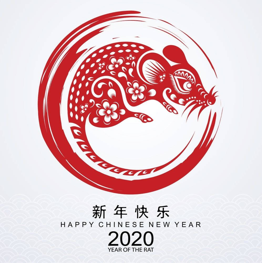 Rat 桌布 壁紙 — 一隻鮮紅色剪紙老鼠，飾有花卉圖案，在淺灰色背景上的圓形框架內旋轉。