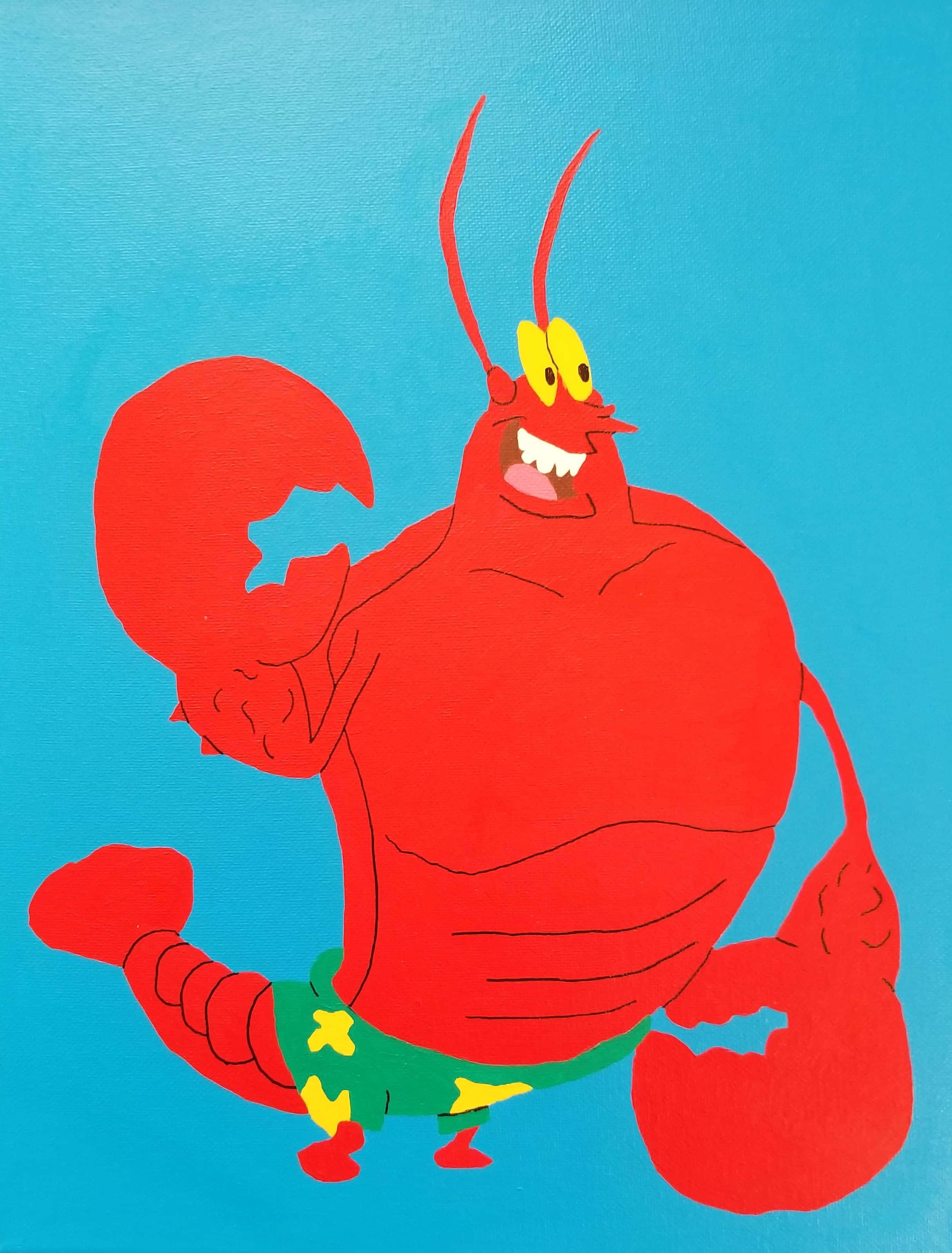 Larry The Lobster 桌布 壁紙 — 一隻鮮紅色卡通龍蝦，黃色眼睛，綠色泳褲，在純藍色背景前自信地擺姿勢。