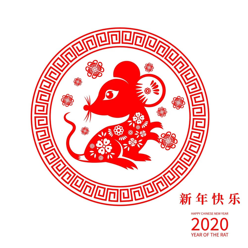 Rat 桌布 壁紙 — 一隻鮮紅色的剪紙老鼠，飾有花卉圖案，坐在一個傳統圓形邊框內，慶祝2020年農曆新年。