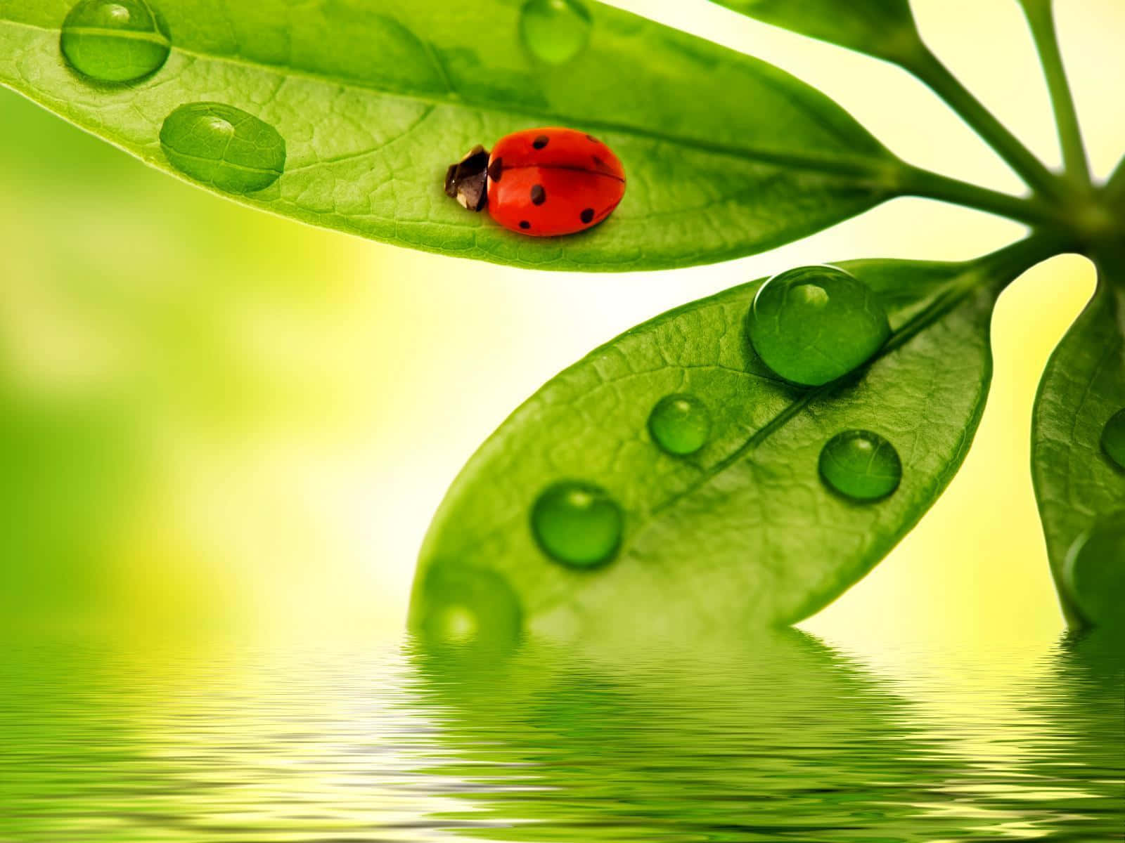 Rain Drops 桌布 壁紙 — 一隻鮮紅色的瓢蟲在柔和陽光下，停在一片沾滿露水的綠葉上，葉子下方是漣漪的水面。