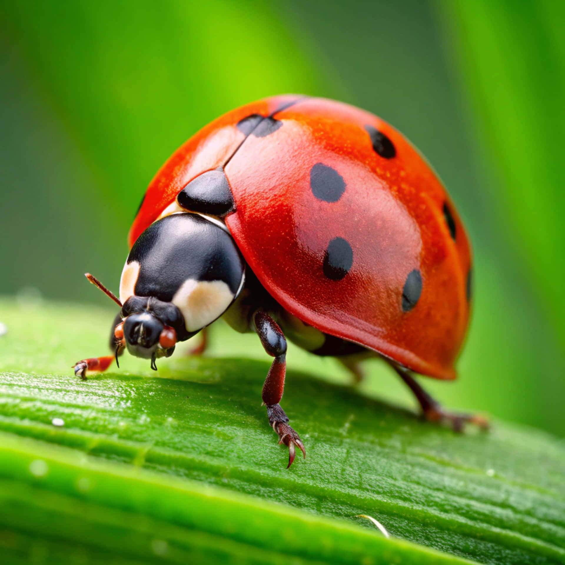 Ladybug 壁紙 — 一隻鮮紅色的瓢蟲帶有黑色斑點，在帶有露珠的綠色葉子上爬行，背景是模糊的綠色。