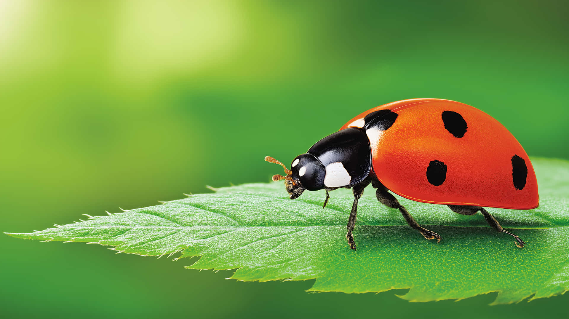 Vibrant Seven-Spotted Ladybug on Smooth Green Leaf Surface 壁紙 — 一隻鮮紅色的瓢蟲帶有黑色斑點，在茂盛的綠葉上爬行，背景是柔和模糊的綠色。