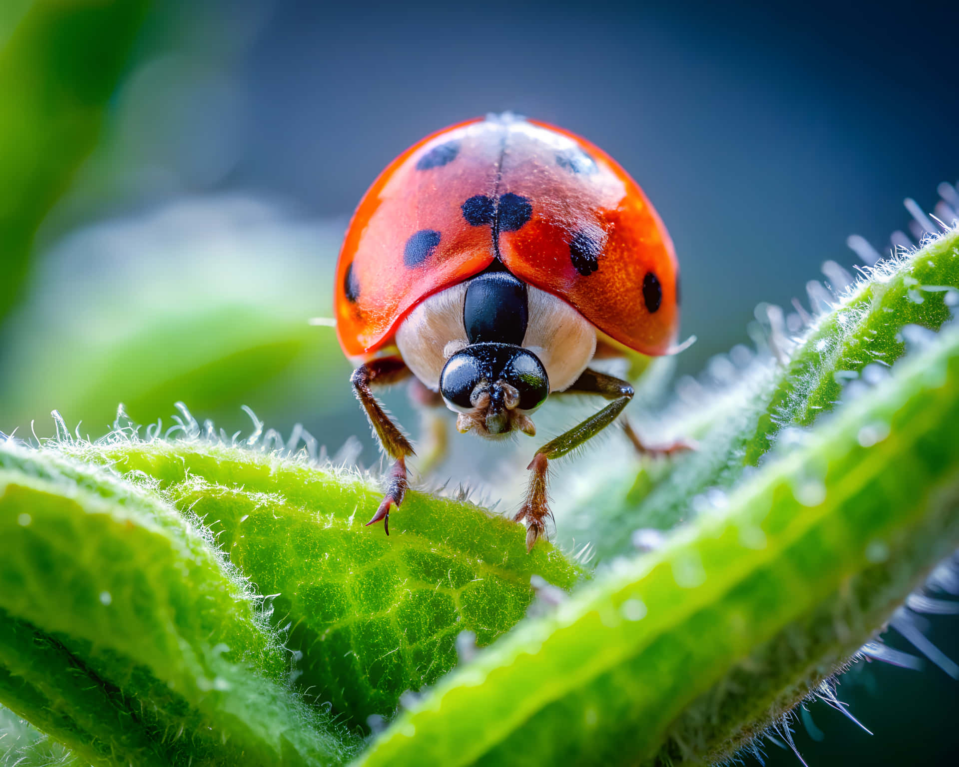 Little ladybug 壁紙 — 一隻鮮紅色的瓢蟲帶有黑色斑點，棲息在一片毛茸茸的綠色葉子上，呈現清晰的微距對焦。