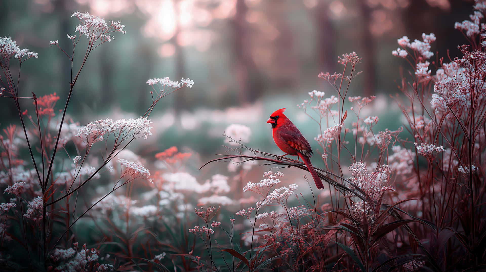 Elegant Cardinal on a Branch in a Softly Lit Landscape 壁紙 — 一隻鮮紅色的紅雀優雅地棲息在細長的樹枝上，周圍是精緻的白色野花，背景是柔和模糊的森林，沐浴在溫暖的金色陽光中。