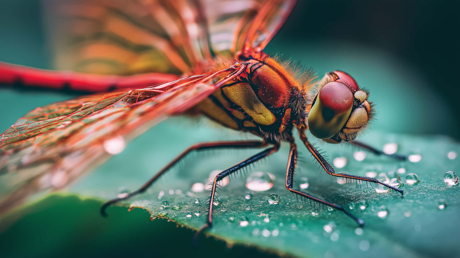Intricate Dragonfly Macro: Details on a Dew-Kissed Leaf 壁紙 — 一隻鮮紅色的蜻蜓輕輕停在一塊沾滿露水的綠色葉子上，翅膀細節精緻，複眼巨大。