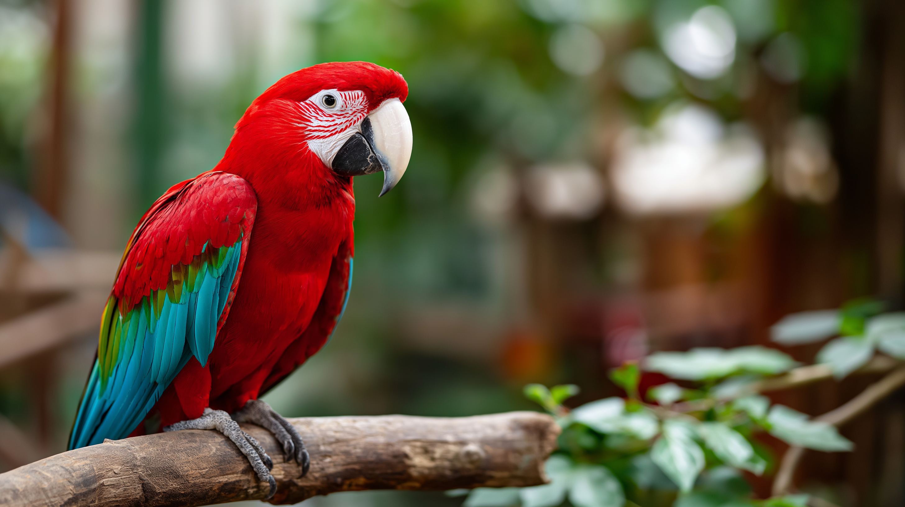 Macaw 桌布 壁紙 — 一隻鮮紅色的金剛鸚鵡，帶有藍色和綠色的翅膀，警覺地棲息在一個風化的樹枝上，周圍是茂密的綠色樹葉。